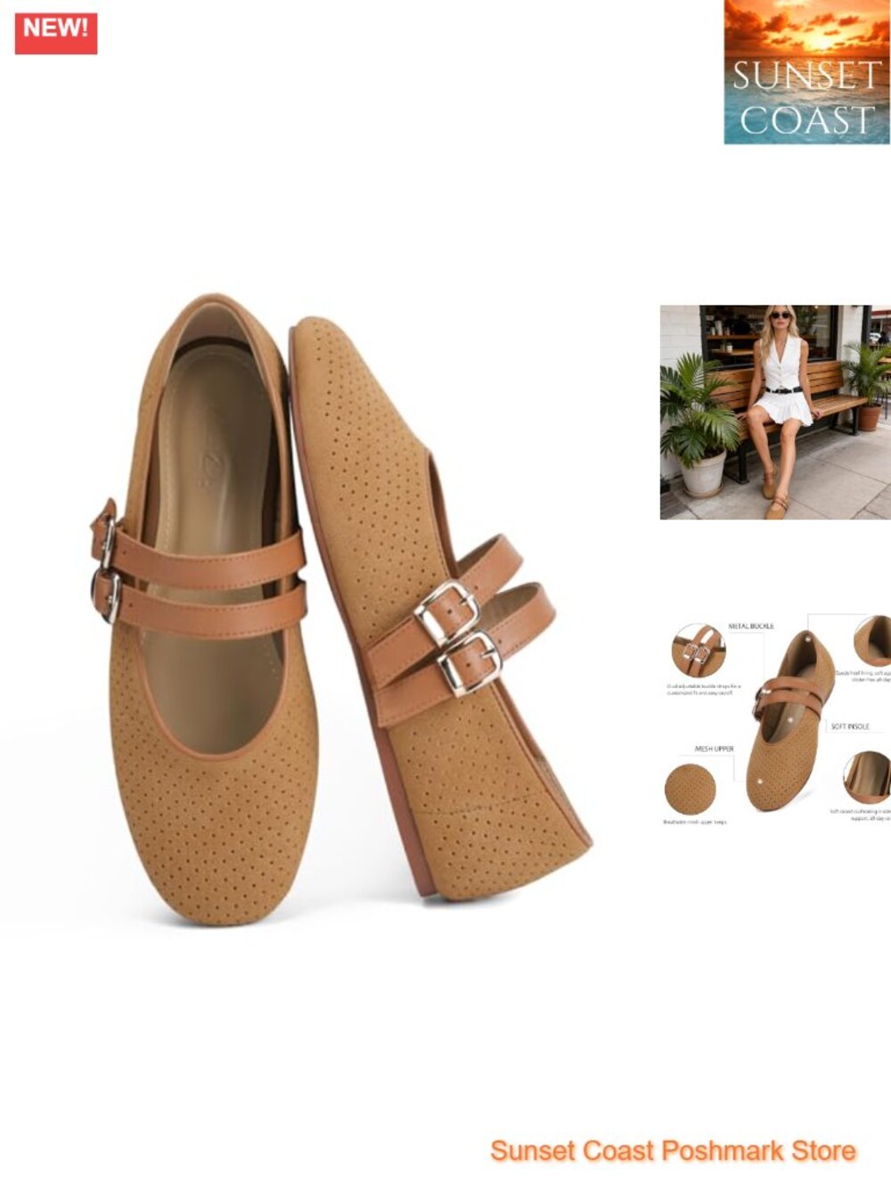Suede Mary Jane Flats Perforated Round Toe Double Buckle Ballet Women's